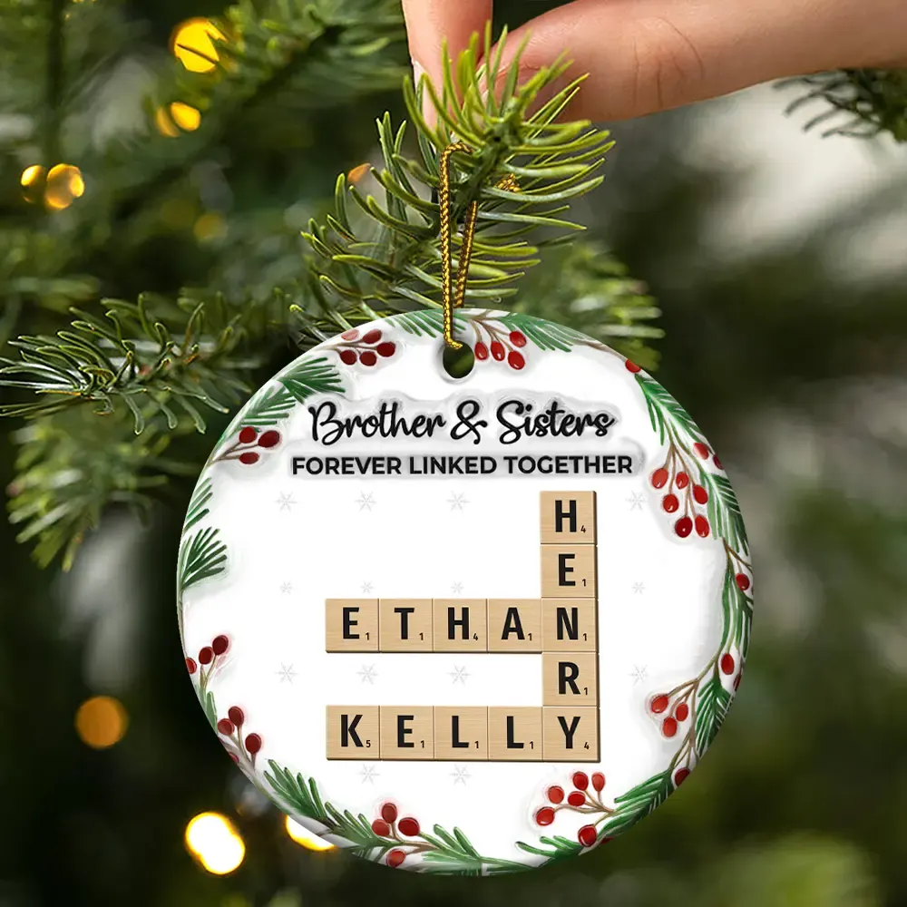 Crossword Brothers & Sisters Forever Linked Together 3D Inflated Effect - Personalized Circle Ceramic Ornament - Image 4
