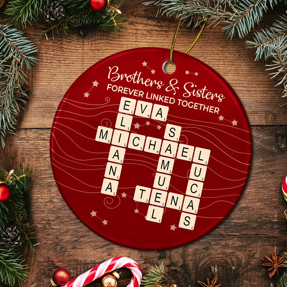 Crossword Brothers & Sisters Forever Linked Together - Personalized Circle Ceramic Ornament - Image 5