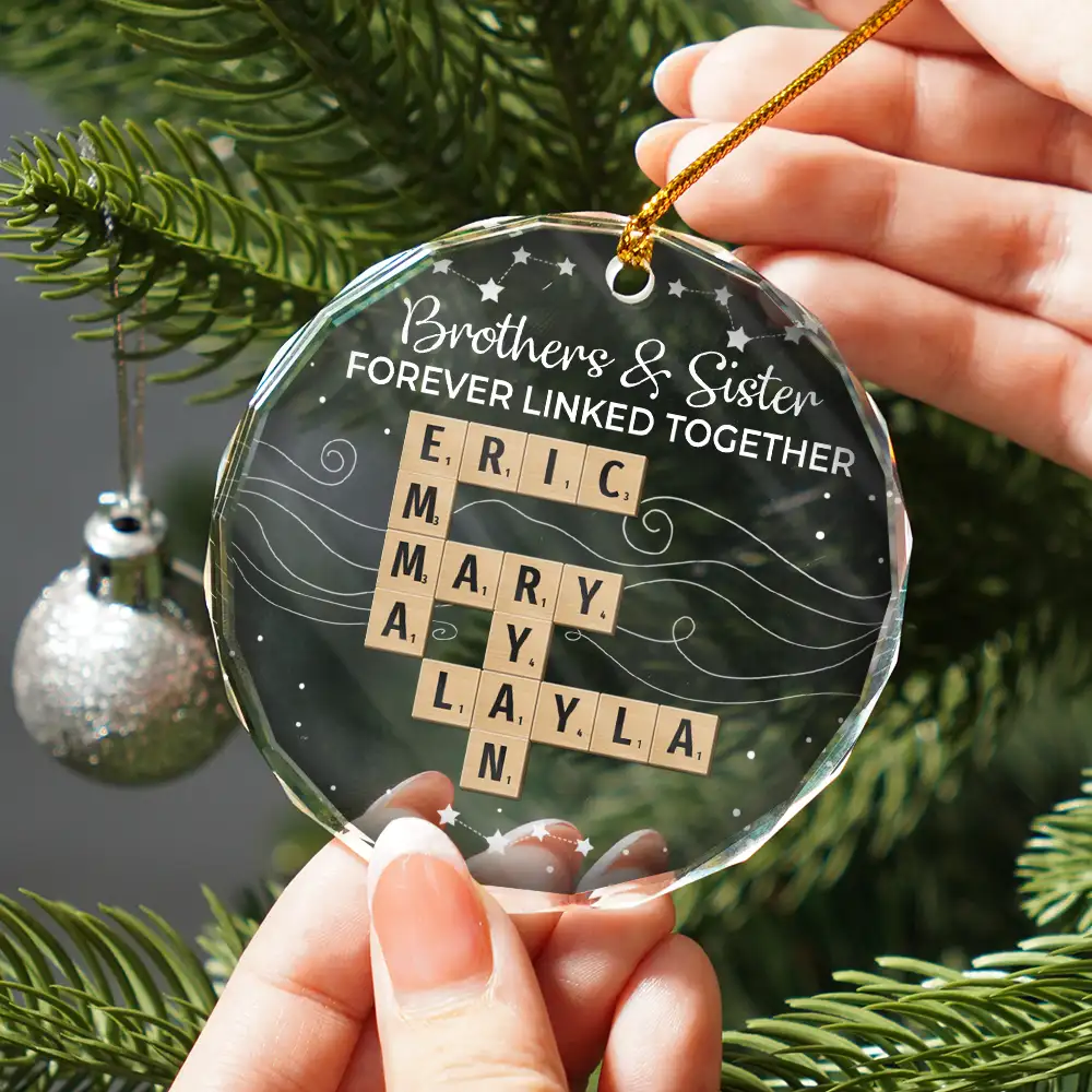 Crossword Brothers & Sisters Forever Linked Together - Personalized Circle Glass Ornament - Image 2
