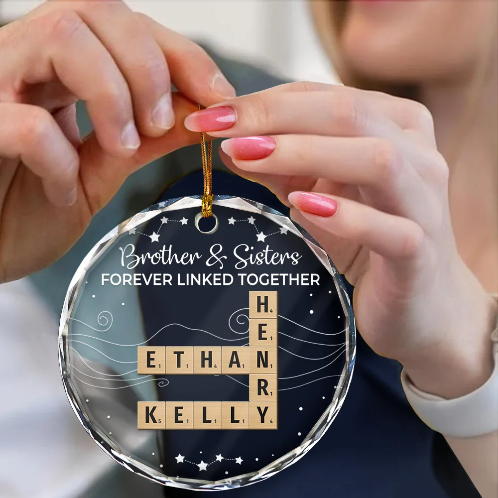Crossword Brothers & Sisters Forever Linked Together - Personalized Circle Glass Ornament - Image 4