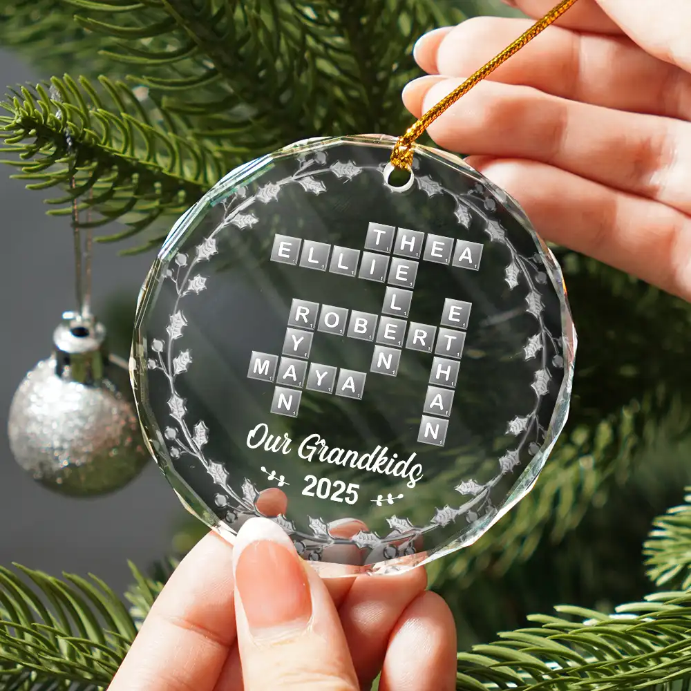 Crossword Scrabble Family Name - 3D Silver Effect Printed, Personalized Circle Glass Ornament - Image 3