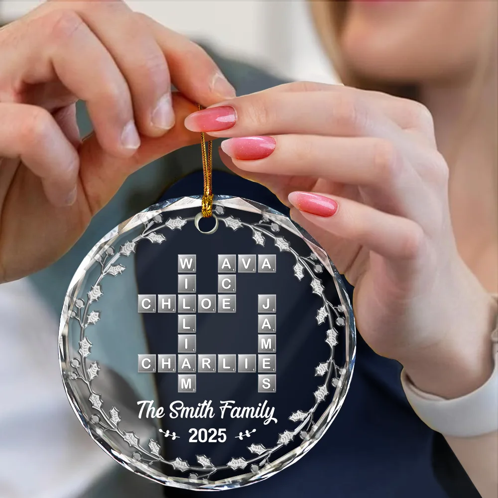 Crossword Scrabble Family Name - 3D Silver Effect Printed, Personalized Circle Glass Ornament - Image 5
