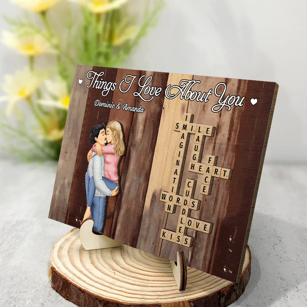 Crossword Scrabble Things I Love About You Couple - Personalized 2-Layered Wooden Plaque With Stand - Image 3