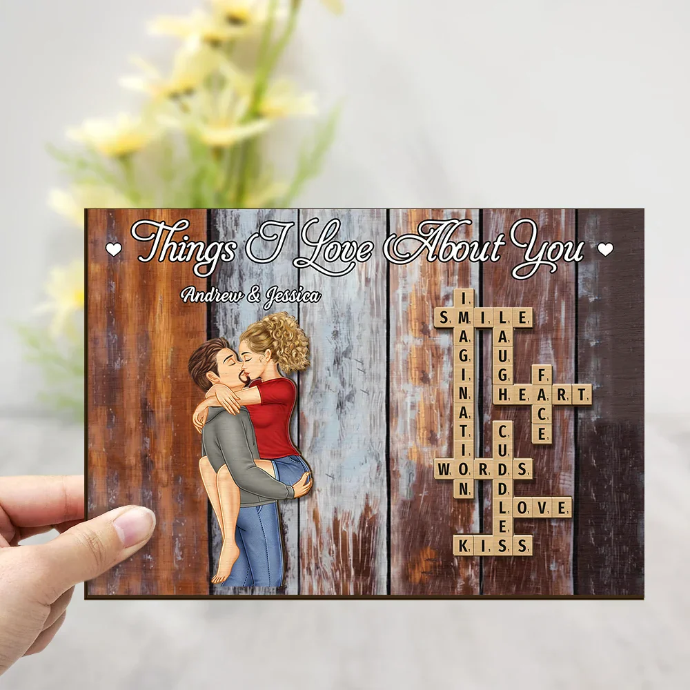 Crossword Scrabble Things I Love About You Couple - Personalized 2-Layered Wooden Plaque With Stand - Image 4