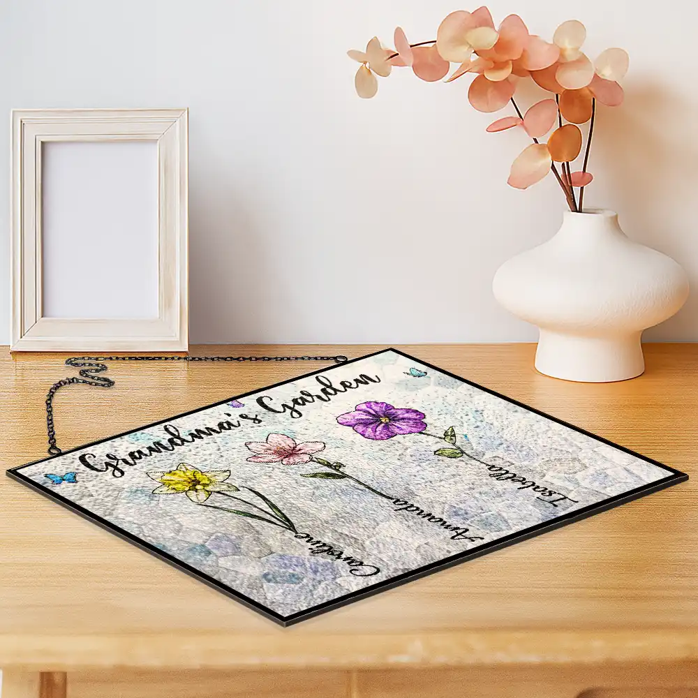 Crystal Art Birth Flower Grandma's Garden - Personalized Horizontal Stained Glass Suncatcher - Image 2