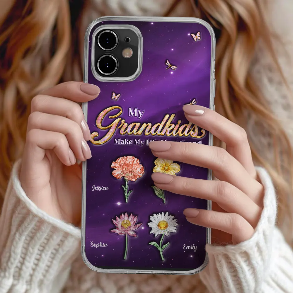 Crystal Birth Month Flower My Grandkids Make My Life More Grand - Personalized Clear Phone Case - Image 2