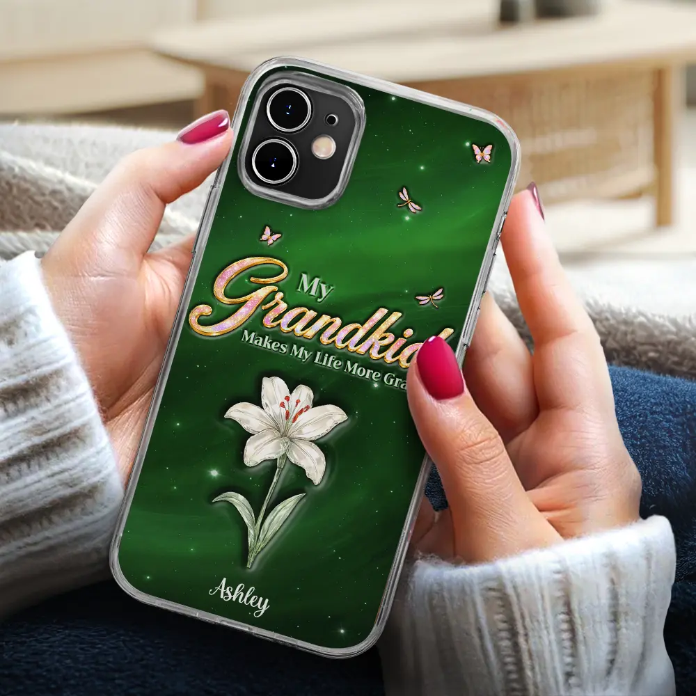 Crystal Birth Month Flower My Grandkids Make My Life More Grand - Personalized Clear Phone Case - Image 3