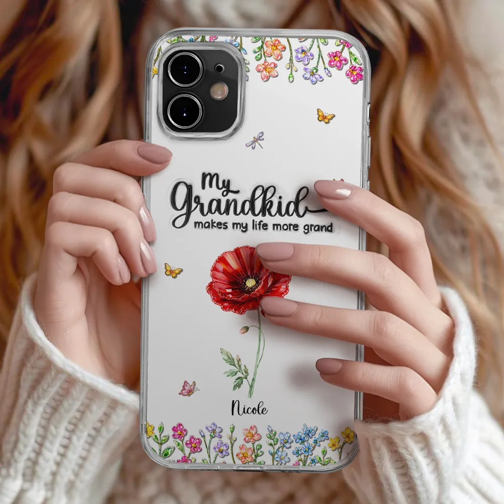 Crystal Effect Birth Flower Grandkids Make Life More Grand - Personalized Clear Phone Case - Image 3