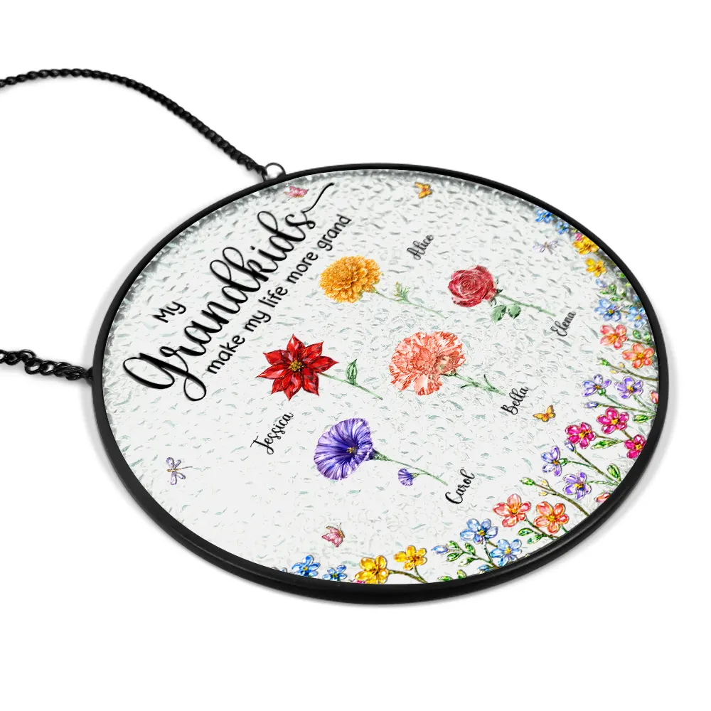 Crystal Effect Birth Flower Grandkids Make Life More Grand - Personalized Stained Glass Window Hanging Suncatcher - Image 2