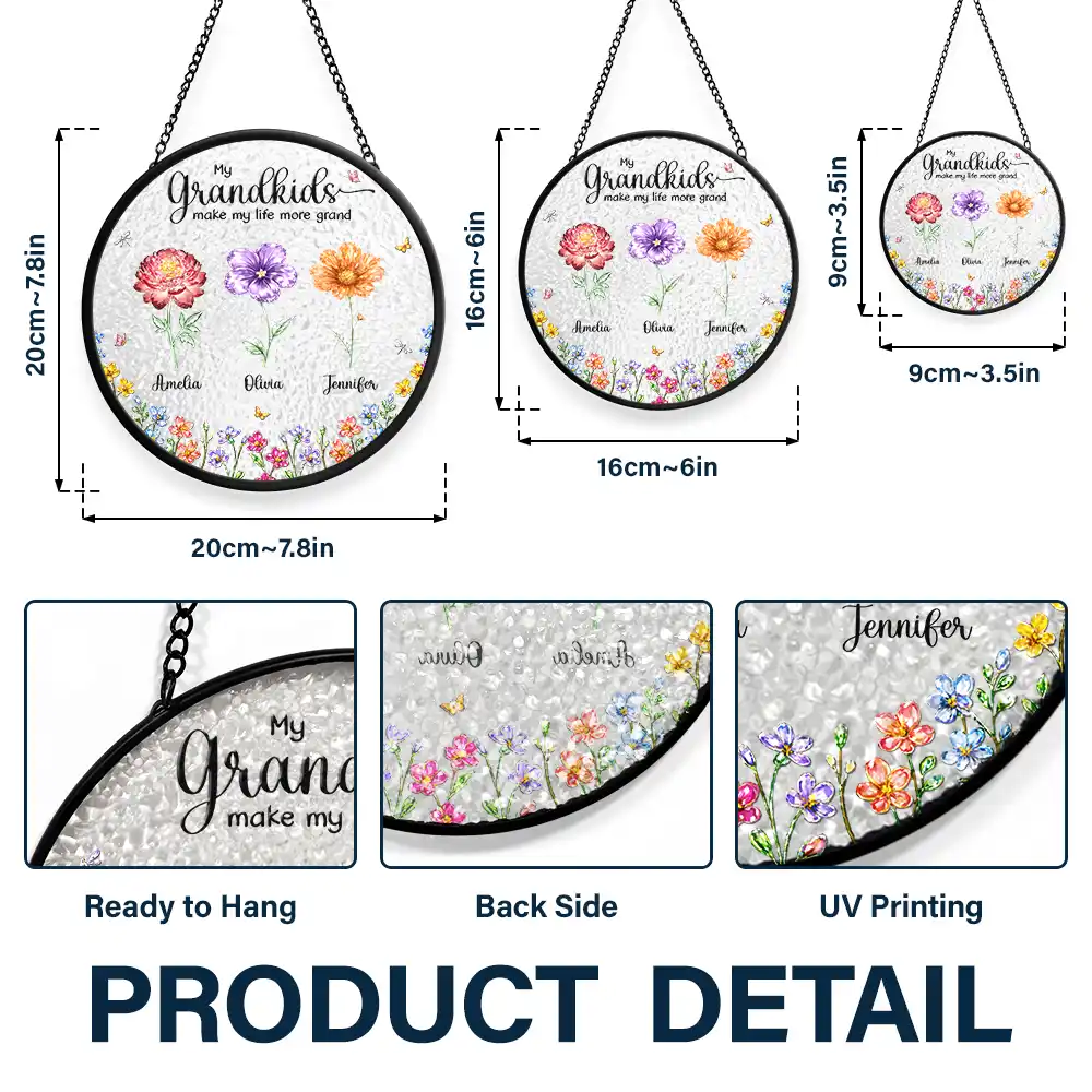 Crystal Effect Birth Flower Grandkids Make Life More Grand - Personalized Stained Glass Window Hanging Suncatcher - Image 3