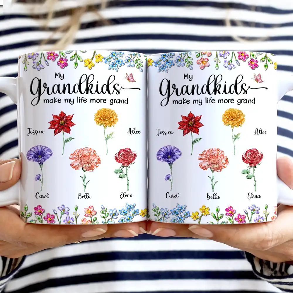 Crystal Effect Birth Flower Grandkids Make Life More Grand - Personalized White Edge-to-Edge Mug - Image 2
