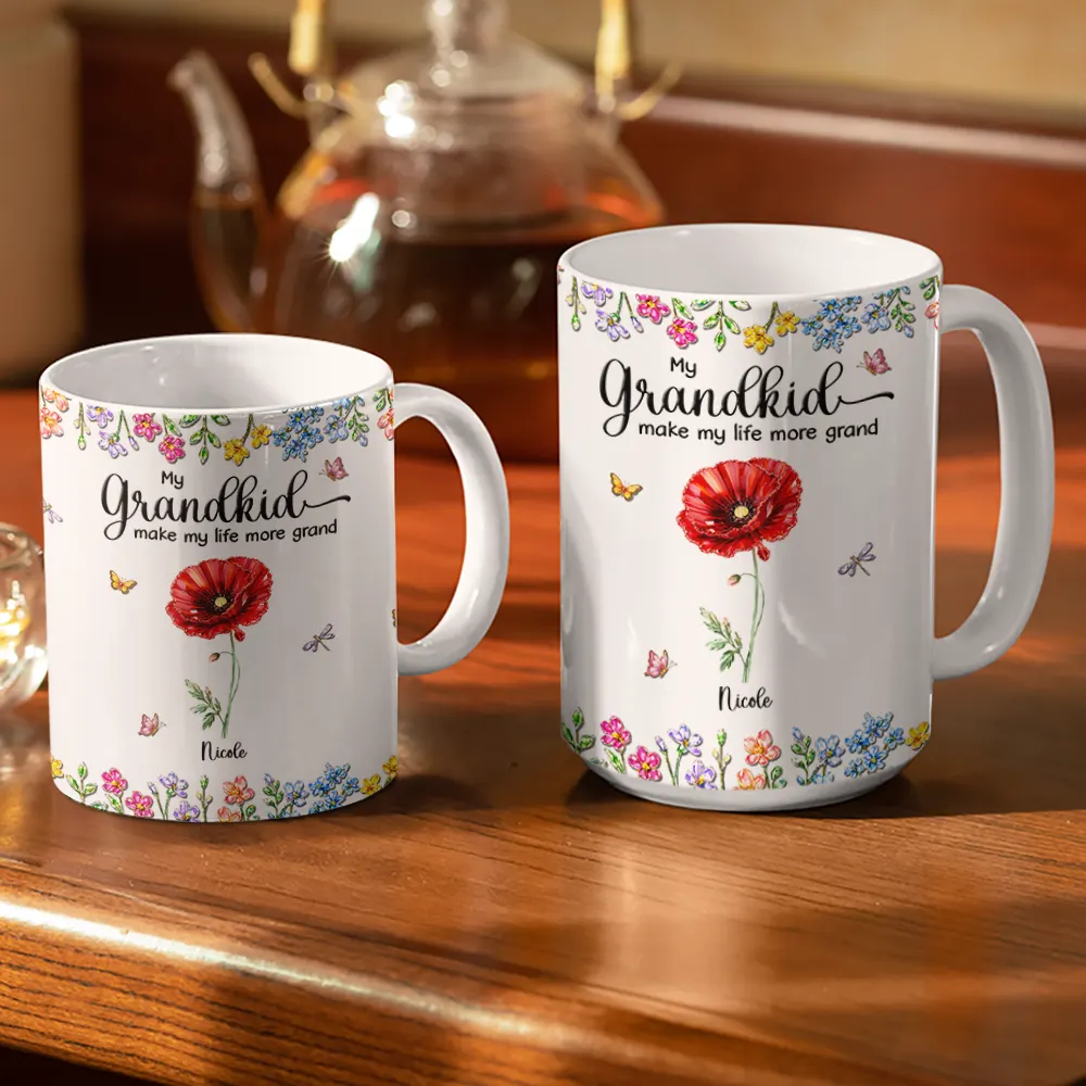 Crystal Effect Birth Flower Grandkids Make Life More Grand - Personalized White Edge-to-Edge Mug - Image 3