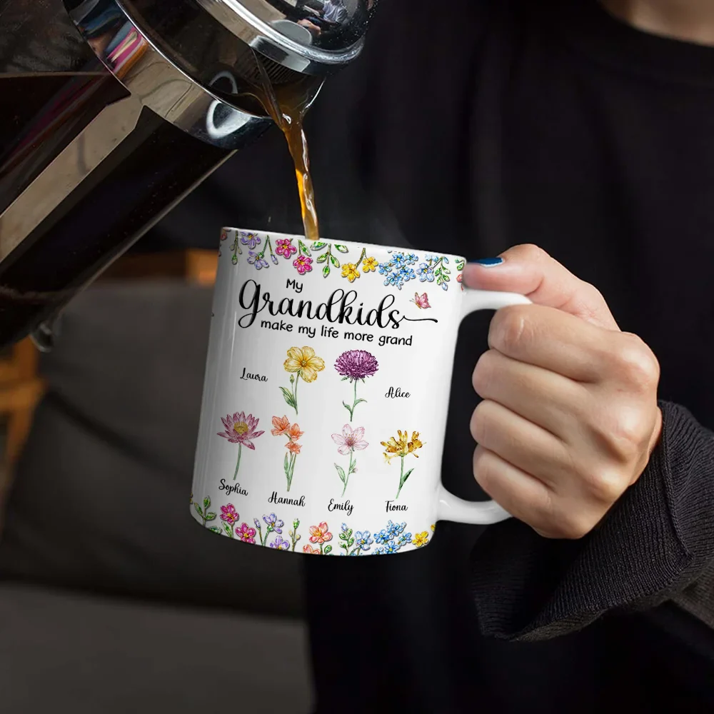 Crystal Effect Birth Flower Grandkids Make Life More Grand - Personalized White Edge-to-Edge Mug - Image 4