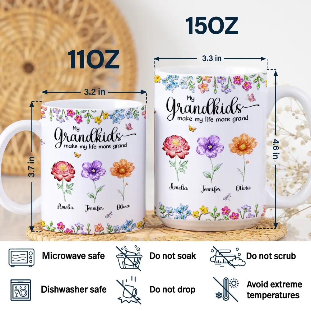 Crystal Effect Birth Flower Grandkids Make Life More Grand - Personalized White Edge-to-Edge Mug - Image 5