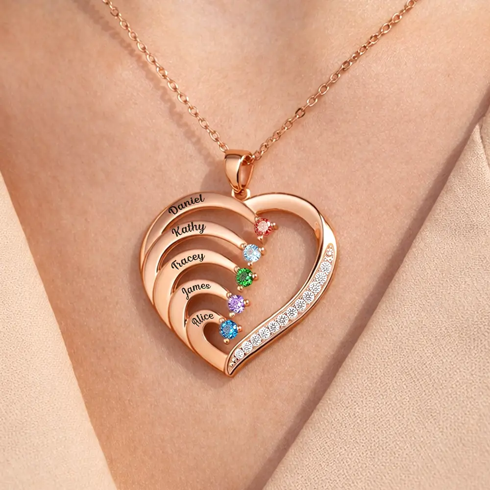 Custom Birth Month Anniversary Mom Wife - Personalized Birthstone Heart Necklace - Image 3