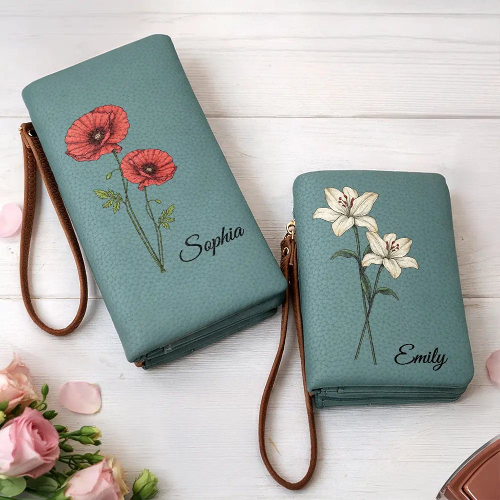 Custom Birth Month Flower And Name - Personalized Tri-Fold PU Leather Wristlet Wallet - Image 2