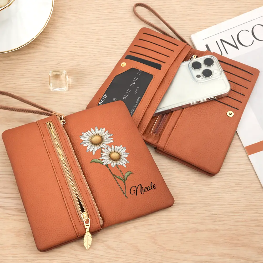 Custom Birth Month Flower And Name - Personalized Tri-Fold PU Leather Wristlet Wallet - Image 4