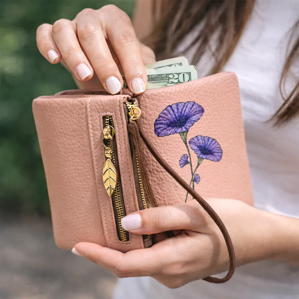 Custom Birth Month Flower And Name - Personalized Tri-Fold PU Leather Wristlet Wallet - Image 6