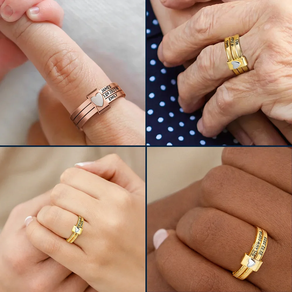 Custom Couples Names With Anniversary Date - Personalized Heart Stacking Rings - Image 5