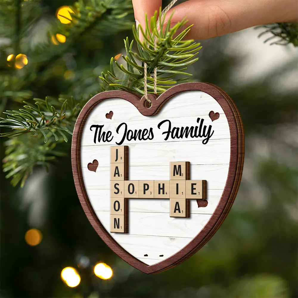 Custom Family Name Heart Crossword Scrabble - Personalized 2-Layered Wooden Ornament - Image 3