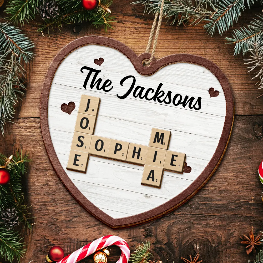 Custom Family Name Heart Crossword Scrabble - Personalized 2-Layered Wooden Ornament - Image 6