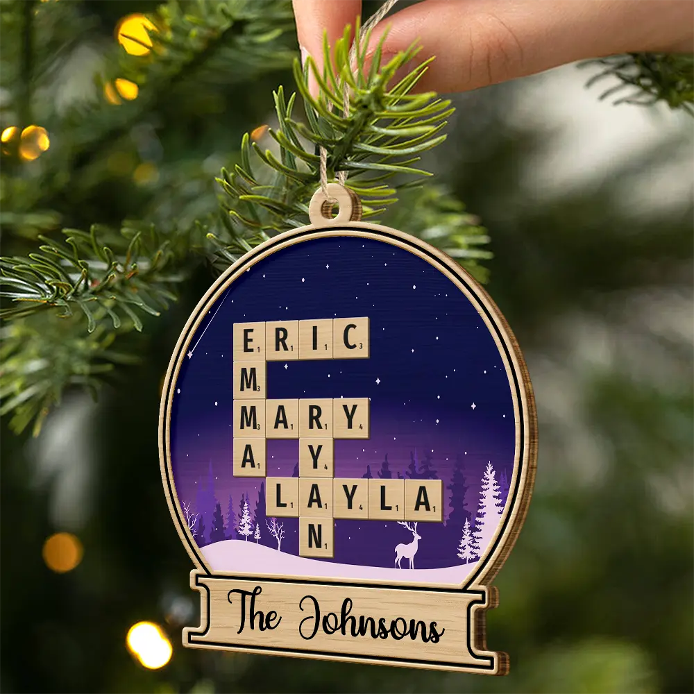 Custom Family Name Snow Globe Crossword Scrabble - Personalized Custom Shaped Wooden Ornament - Image 3