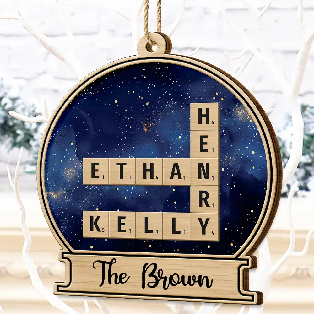 Custom Family Name Snow Globe Crossword Scrabble - Personalized Custom Shaped Wooden Ornament - Image 5