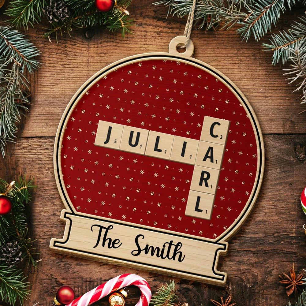 Custom Family Name Snow Globe Crossword Scrabble - Personalized Custom Shaped Wooden Ornament - Image 6