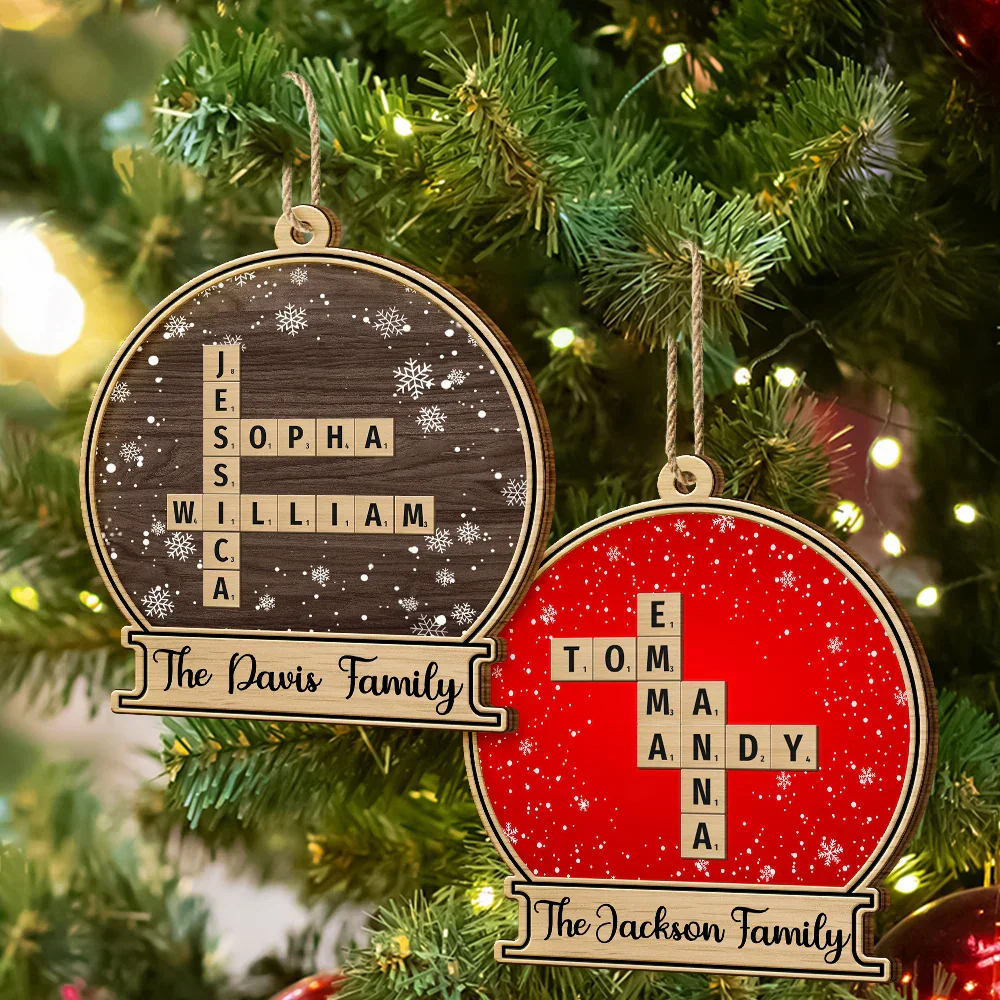 Custom Family Name Snow Globe Crossword Scrabble - Personalized Custom Shaped Wooden Ornament - Image 7