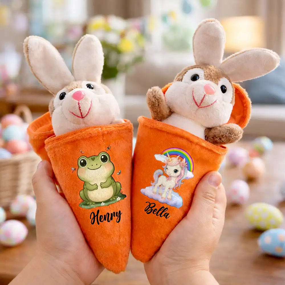 Custom Favorite Animal And Name - Personalized Plush Reversible Carrot Bunny Keychain - Image 3