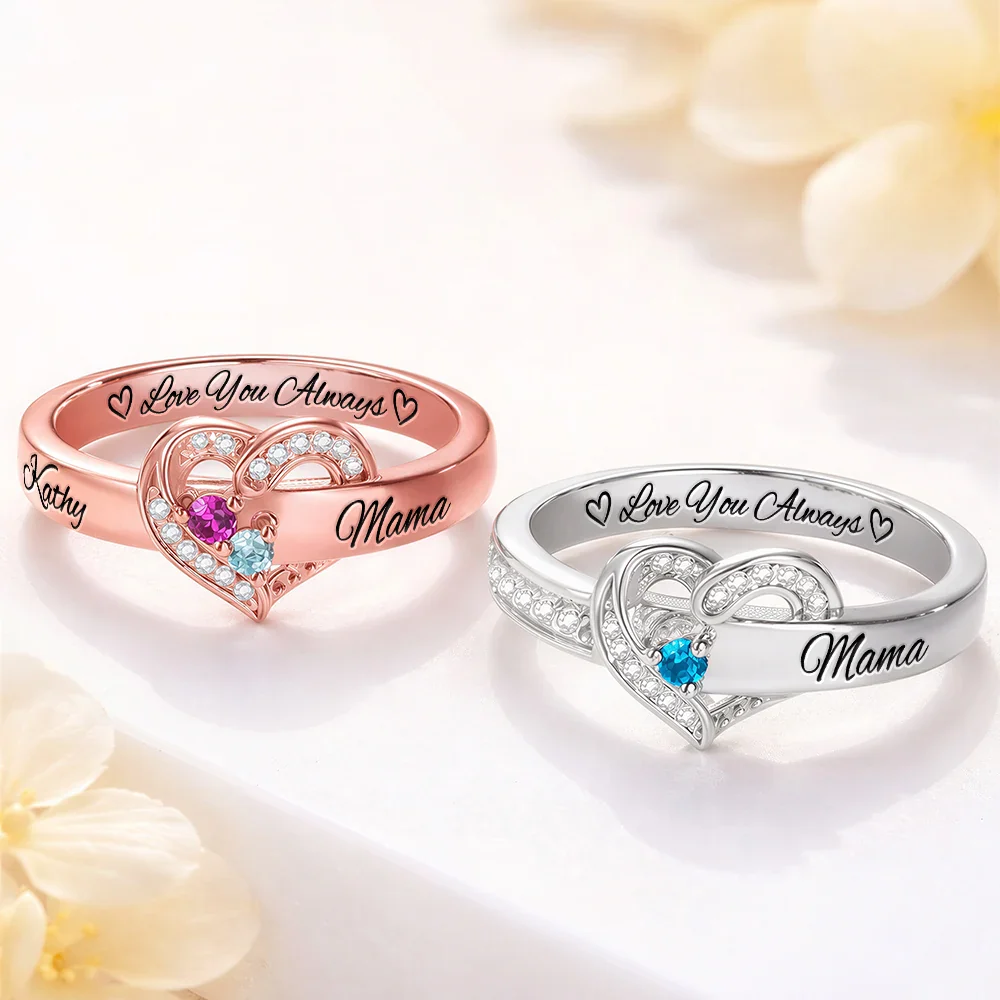 Custom Gemstones Love You Always Mom And Daughters - Personalized Birthstone Heart Ring - Image 2