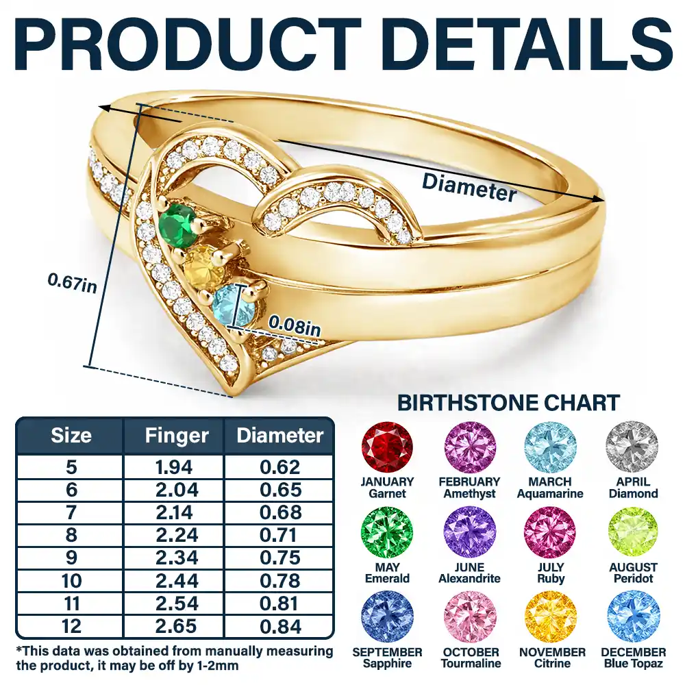 Custom Gemstones Love You Always Mom And Daughters - Personalized Birthstone Heart Ring - Image 5