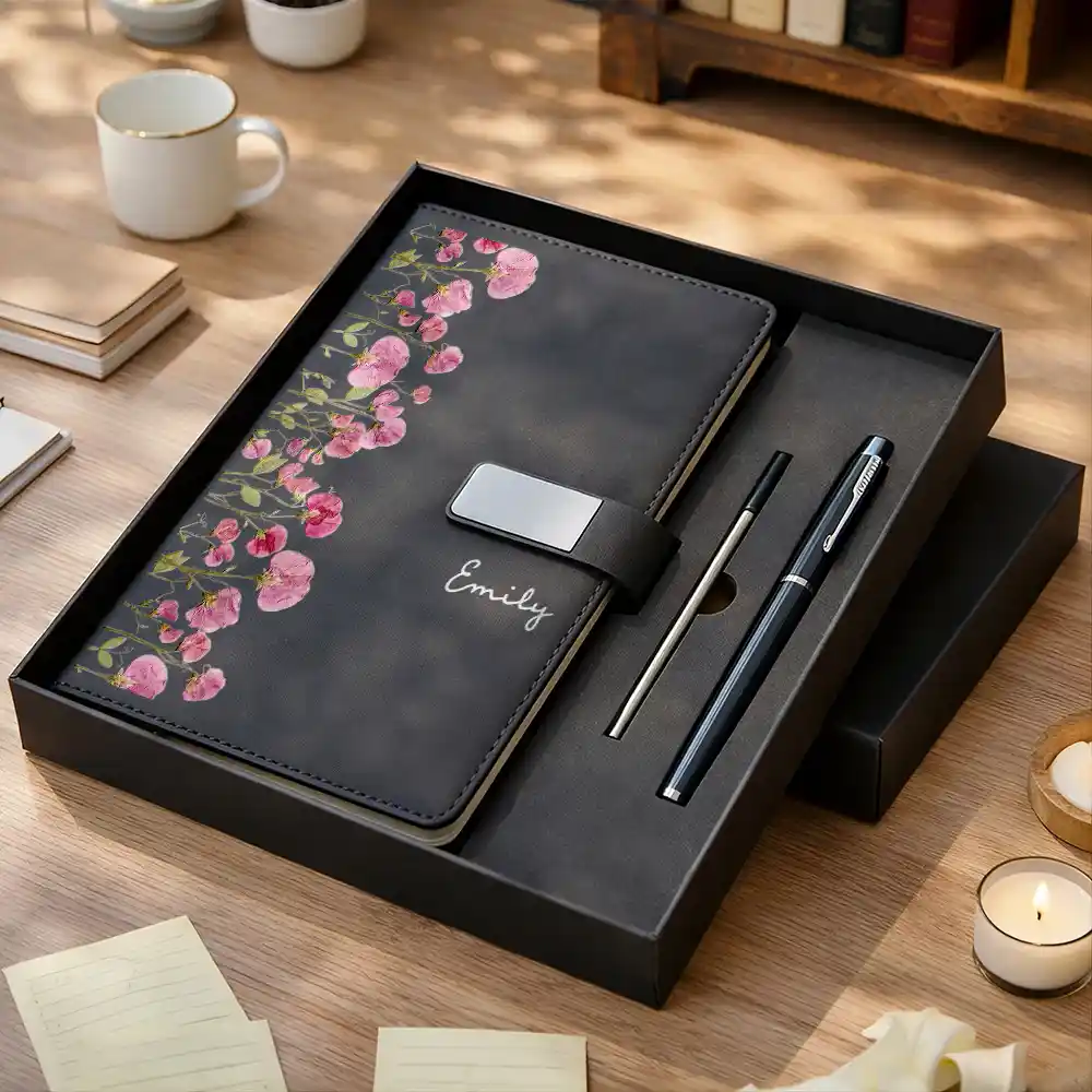 Custom Name Faux Pressed Birth Flower - Personalized Leather Notebook Set - Image 2