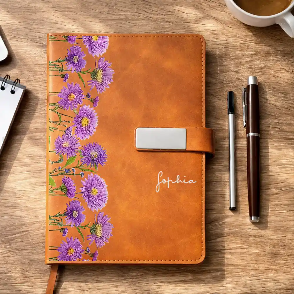 Custom Name Faux Pressed Birth Flower - Personalized Leather Notebook Set - Image 4