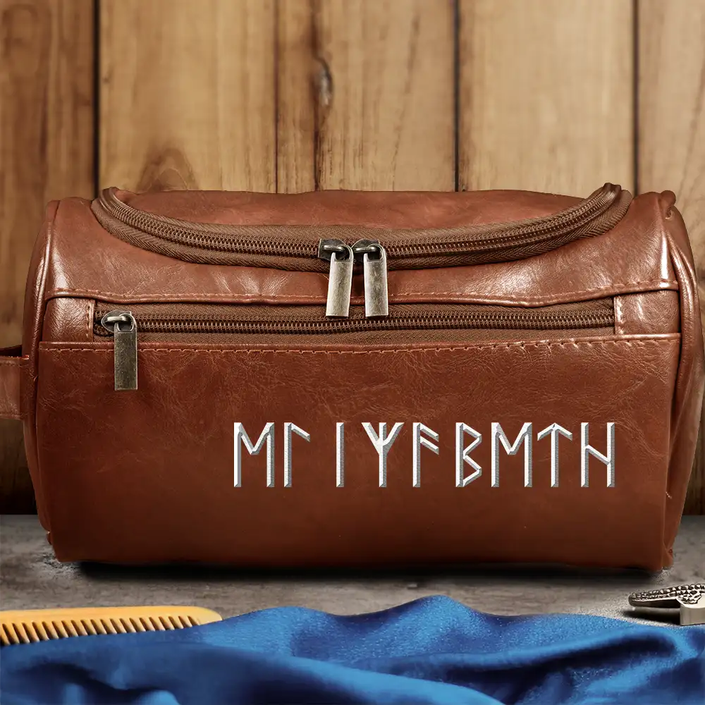 Custom Name In Viking Runes Warrior Camping Hiking - Personalized Leather Toiletry Bag - Image 3