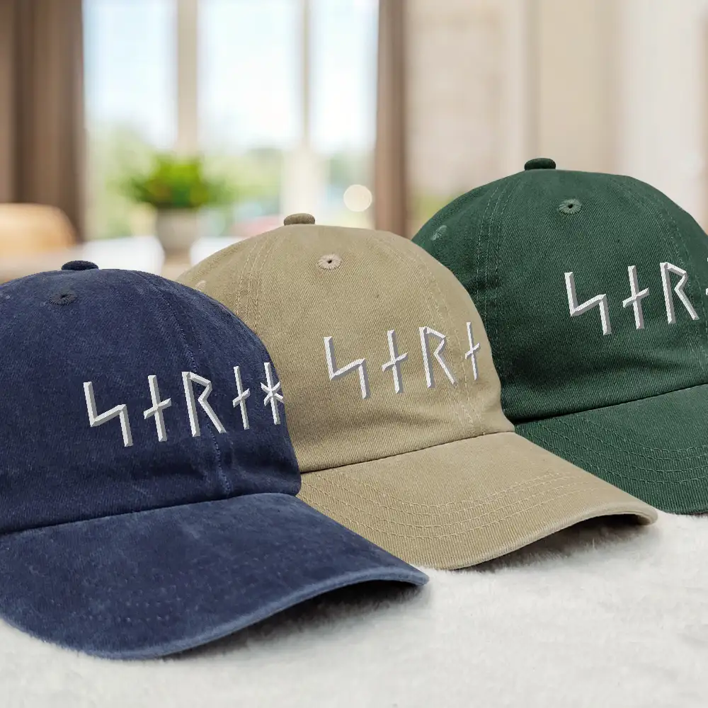 Custom Name In Viking Runes Warrior Camping Hiking - Personalized Vintage Washed Denim Cap - Image 3