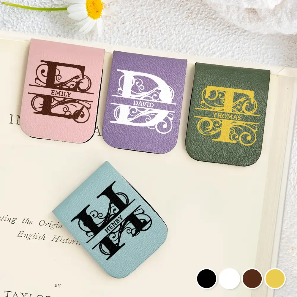Custom Name Vintage Monogram - Personalized Leather Magnetic Bookmark