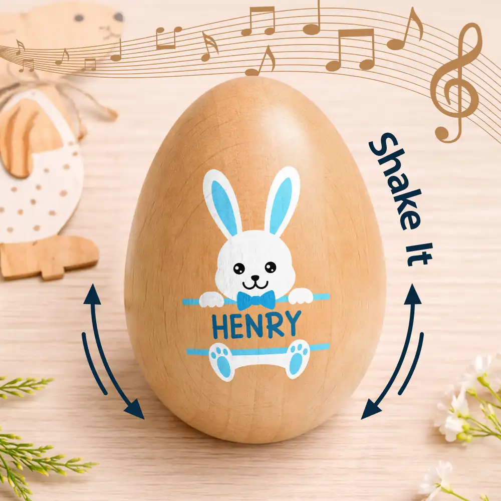 Custom Name With Adorable Bunny - Personalized Musical Wooden Easter Egg Shaker - Image 4