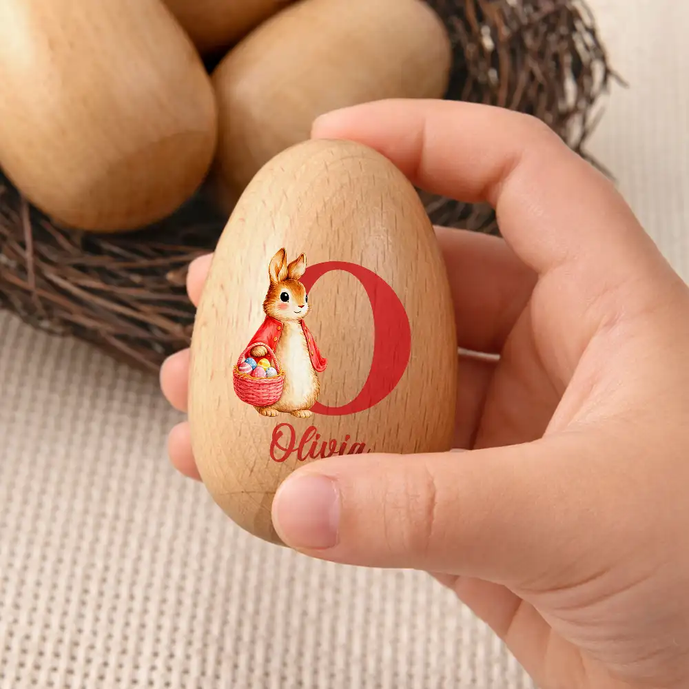 Custom Name With Bunny Holding An Egg Basket - Personalized Musical Wooden Easter Egg Shaker - Image 3