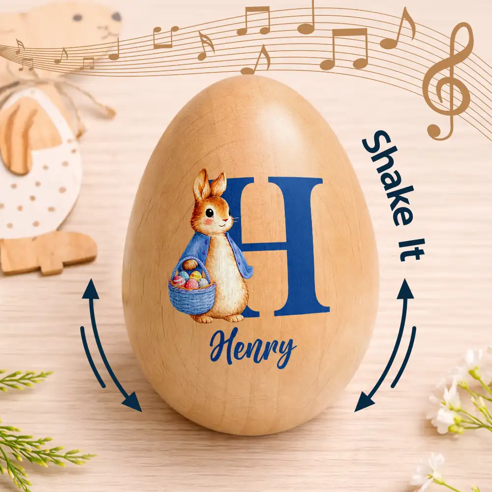 Custom Name With Bunny Holding An Egg Basket - Personalized Musical Wooden Easter Egg Shaker - Image 4