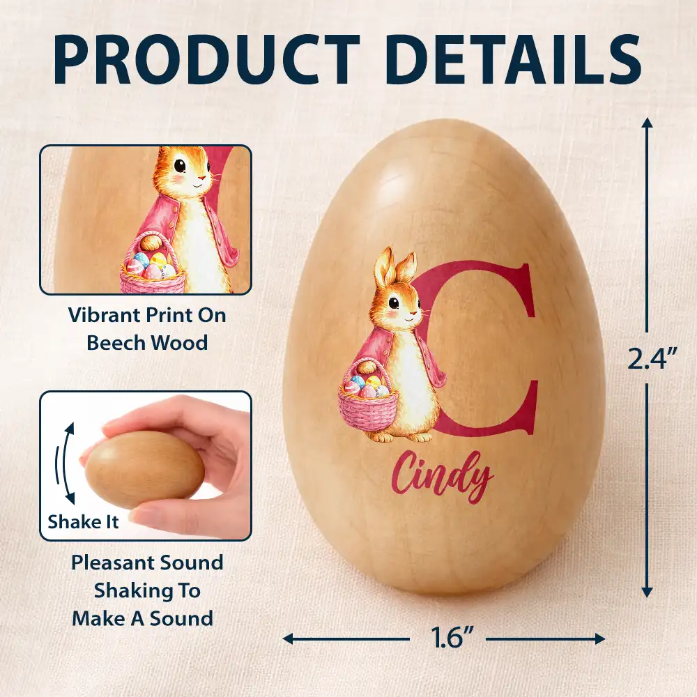 Custom Name With Bunny Holding An Egg Basket - Personalized Musical Wooden Easter Egg Shaker - Image 5