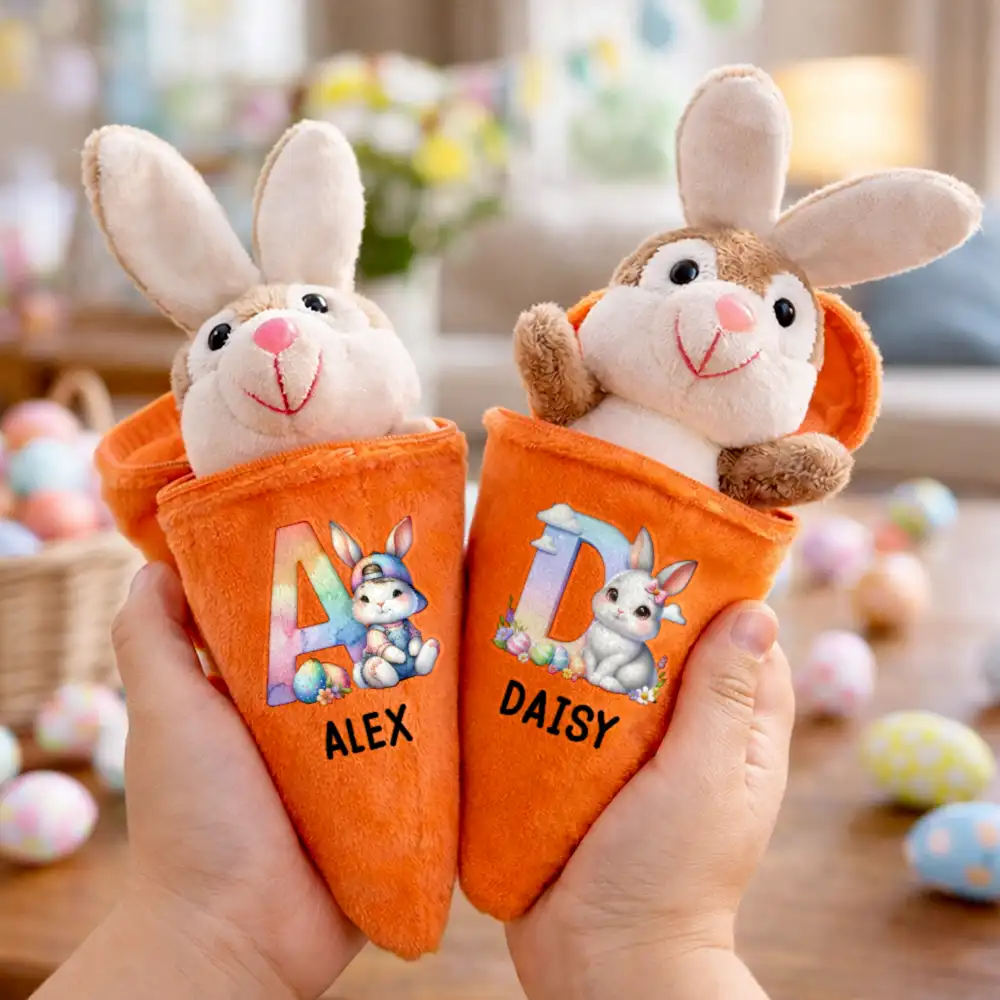 Custom Name With Easter Bunny Alphabet Letters - Personalized Plush Reversible Carrot Bunny Keychain - Image 3