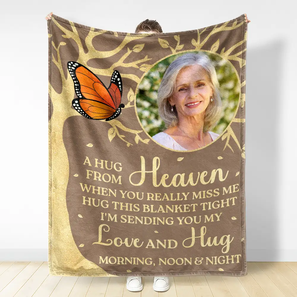 Custom Photo A Hug From Heaven Memorial - Personalized Fleece Blanket, Sherpa Blanket - Image 3