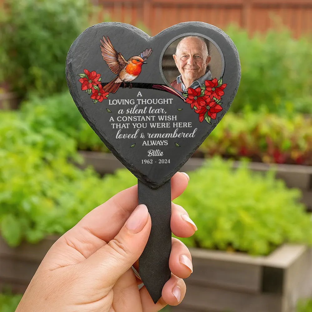 Custom Photo A Loving Thought A Silent Tear Memorial - Personalized Heart Slate Garden Stake - Image 2