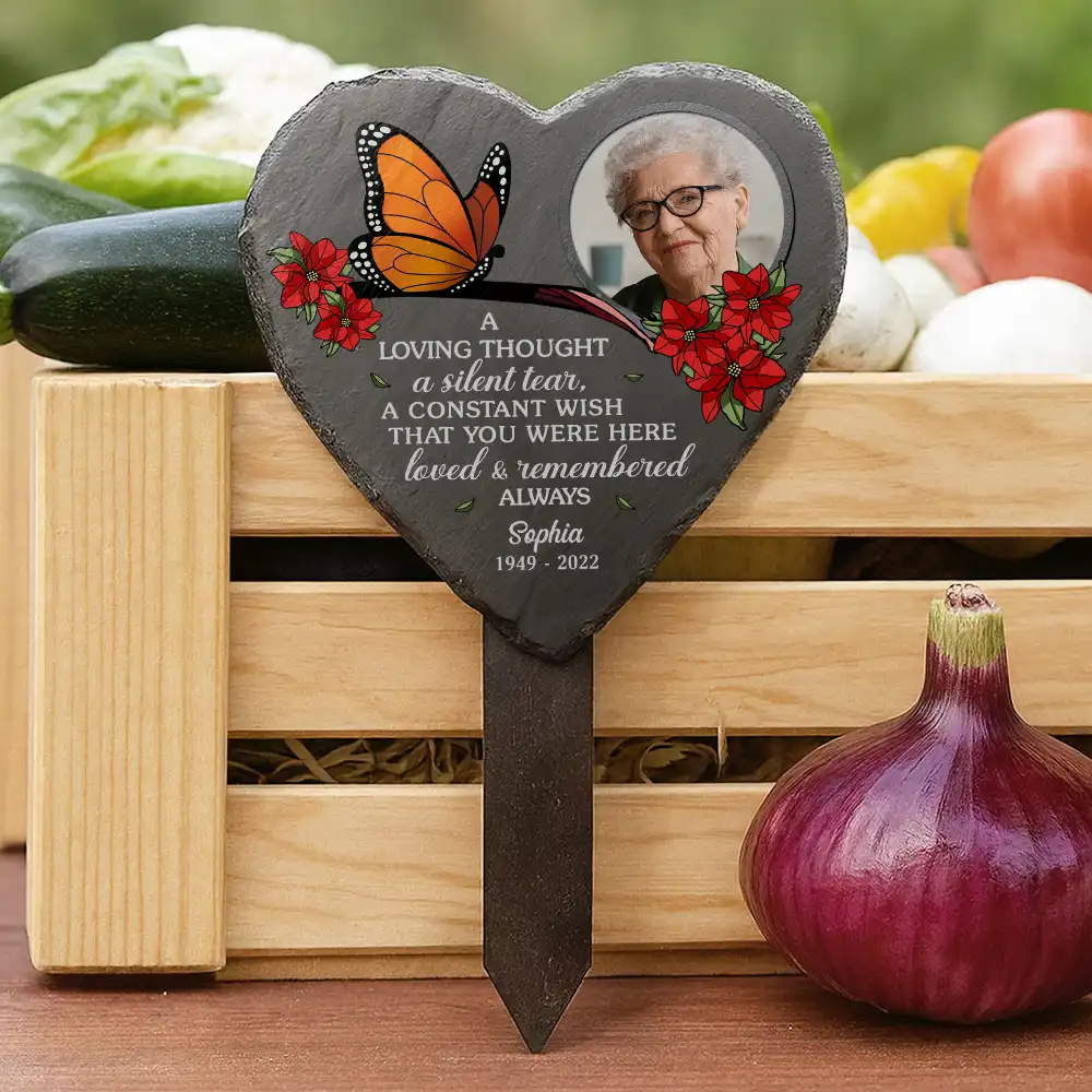 Custom Photo A Loving Thought A Silent Tear Memorial - Personalized Heart Slate Garden Stake - Image 4