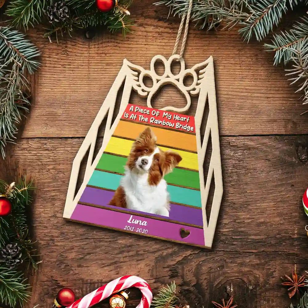 Custom Photo A Piece Of My Heart Is At The Rainbow Bridge - Personalized Custom Shaped Wooden Ornament - Image 6