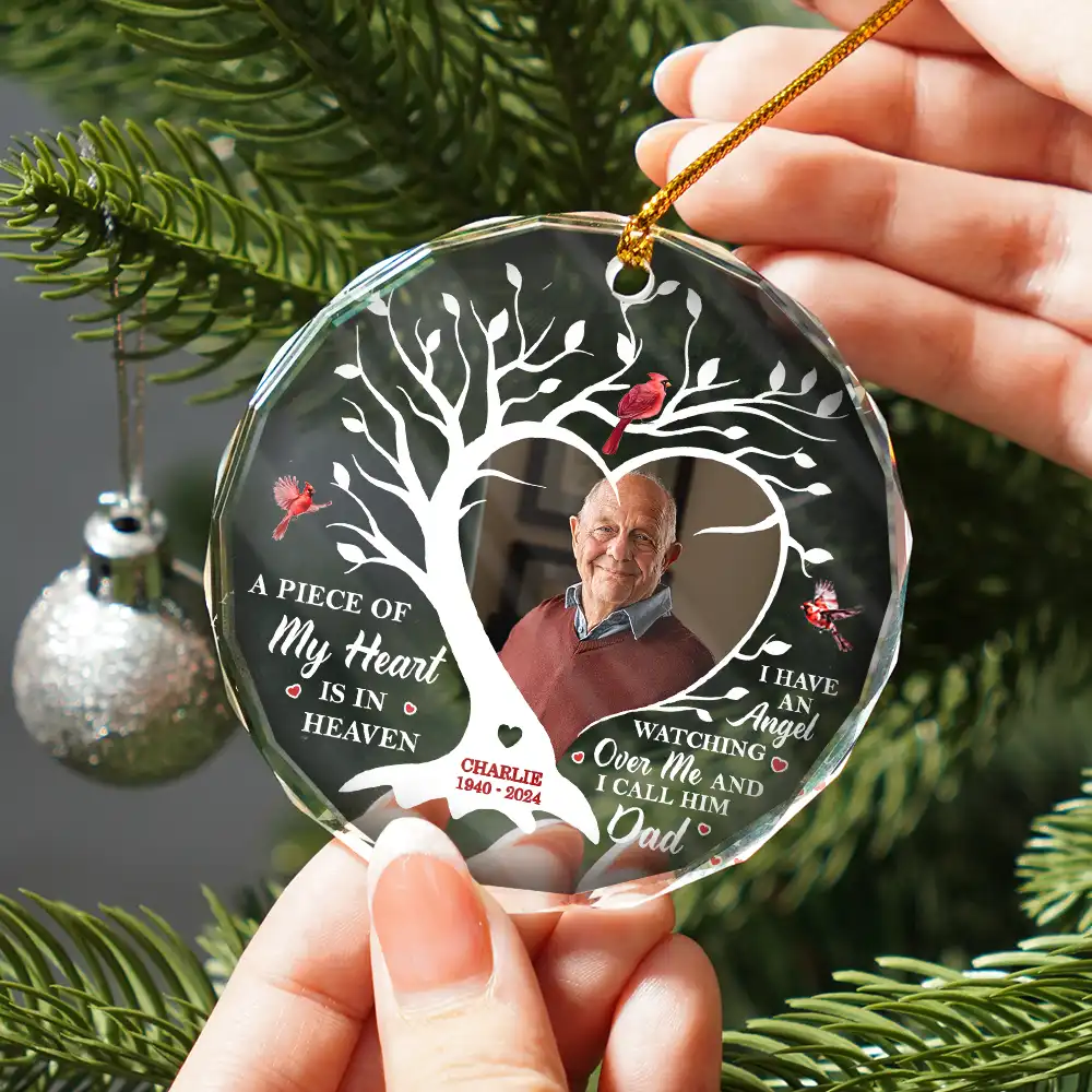 Custom Photo A Piece Of My Heart Is In Heaven Memorial - Personalized Circle Glass Ornament - Image 2