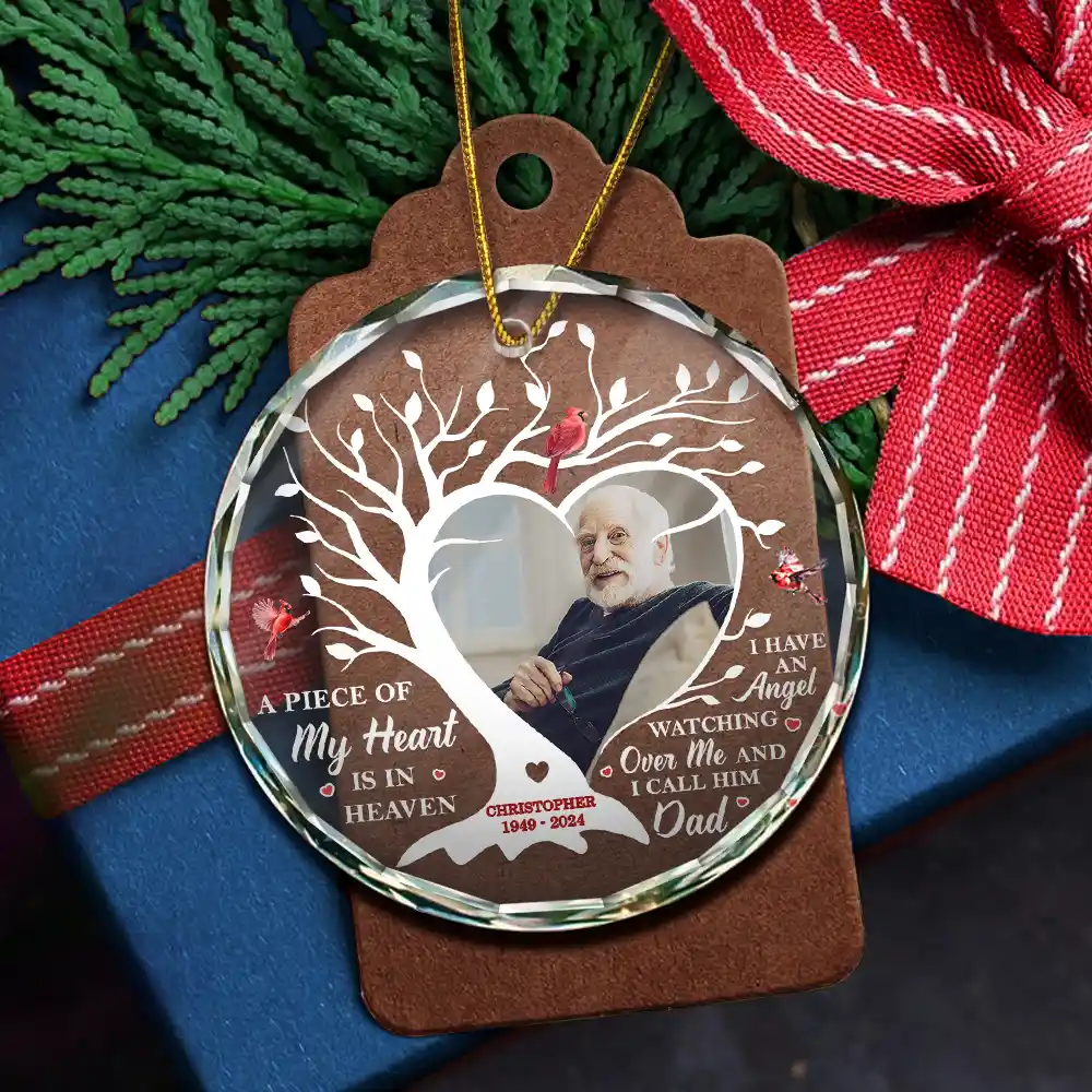 Custom Photo A Piece Of My Heart Is In Heaven Memorial - Personalized Circle Glass Ornament - Image 5