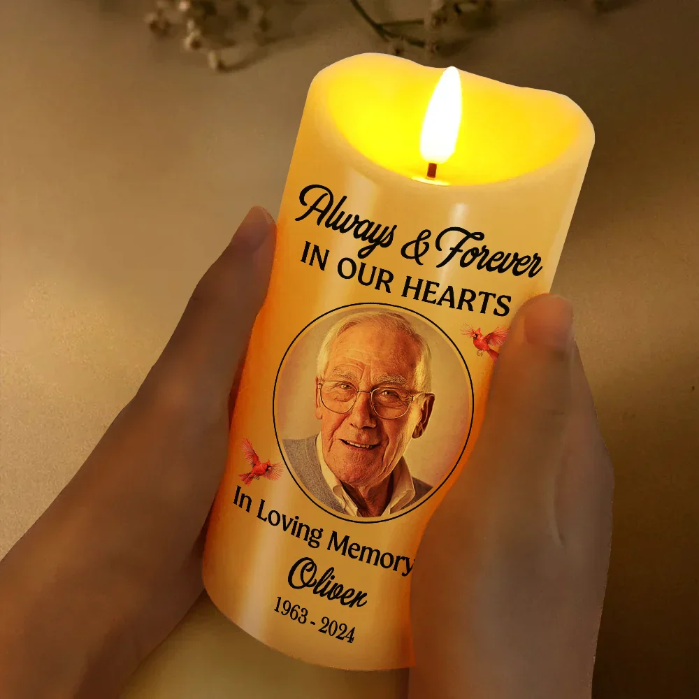 Custom Photo Always And Forever In Our Heart Memorial - Personalized Flameless LED Candle - Image 3