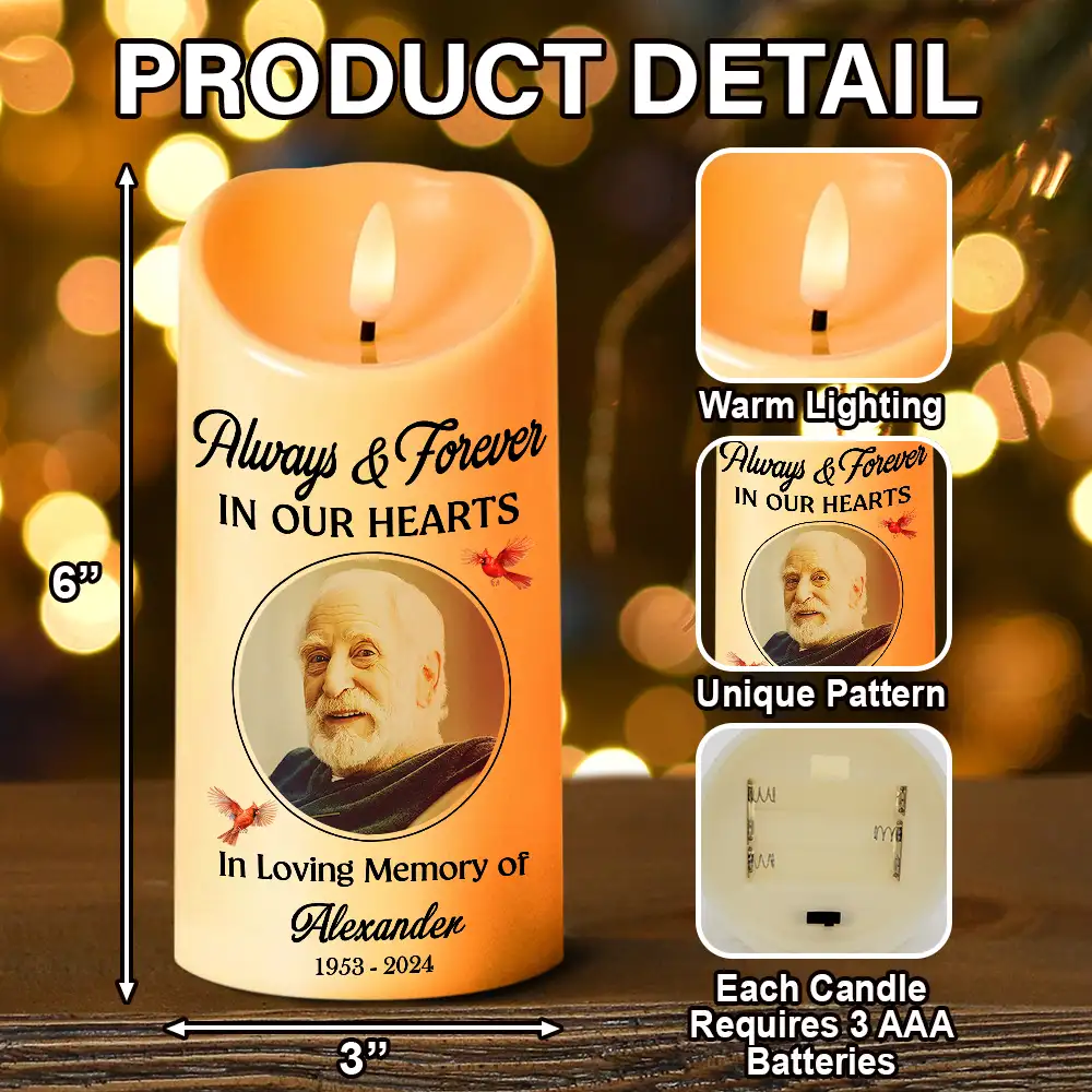 Custom Photo Always And Forever In Our Heart Memorial - Personalized Flameless LED Candle - Image 5